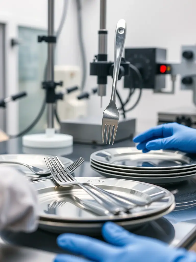 A close-up shot of Meichubang's durable stainless steel tableware undergoing rigorous testing in a quality control lab, highlighting its resistance to wear and tear.