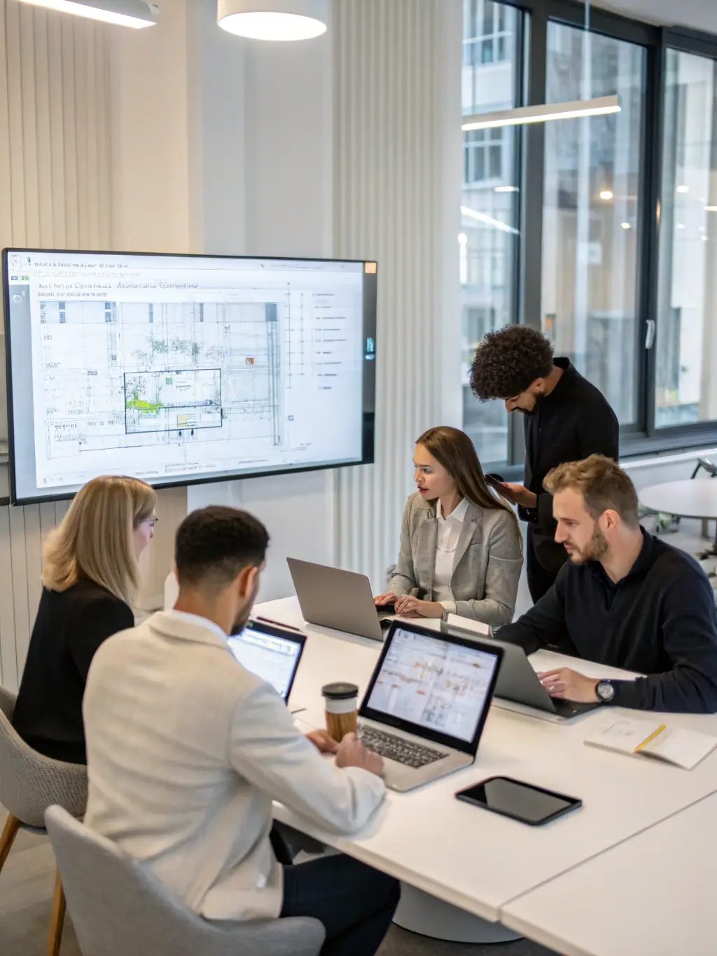 A professional photograph showcasing Meichubang's extensive industry experience, featuring a team of experienced engineers and designers collaborating in a modern office setting.