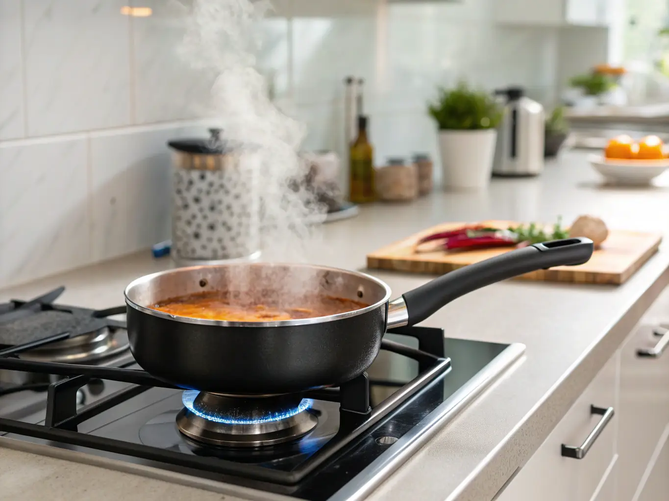 A high-angle, close-up shot of a gleaming stainless steel saucepan on a modern induction cooktop, with steam rising gently from a simmering sauce. The focus is on the pan's polished finish and ergonomic handle, conveying durability and professional quality.