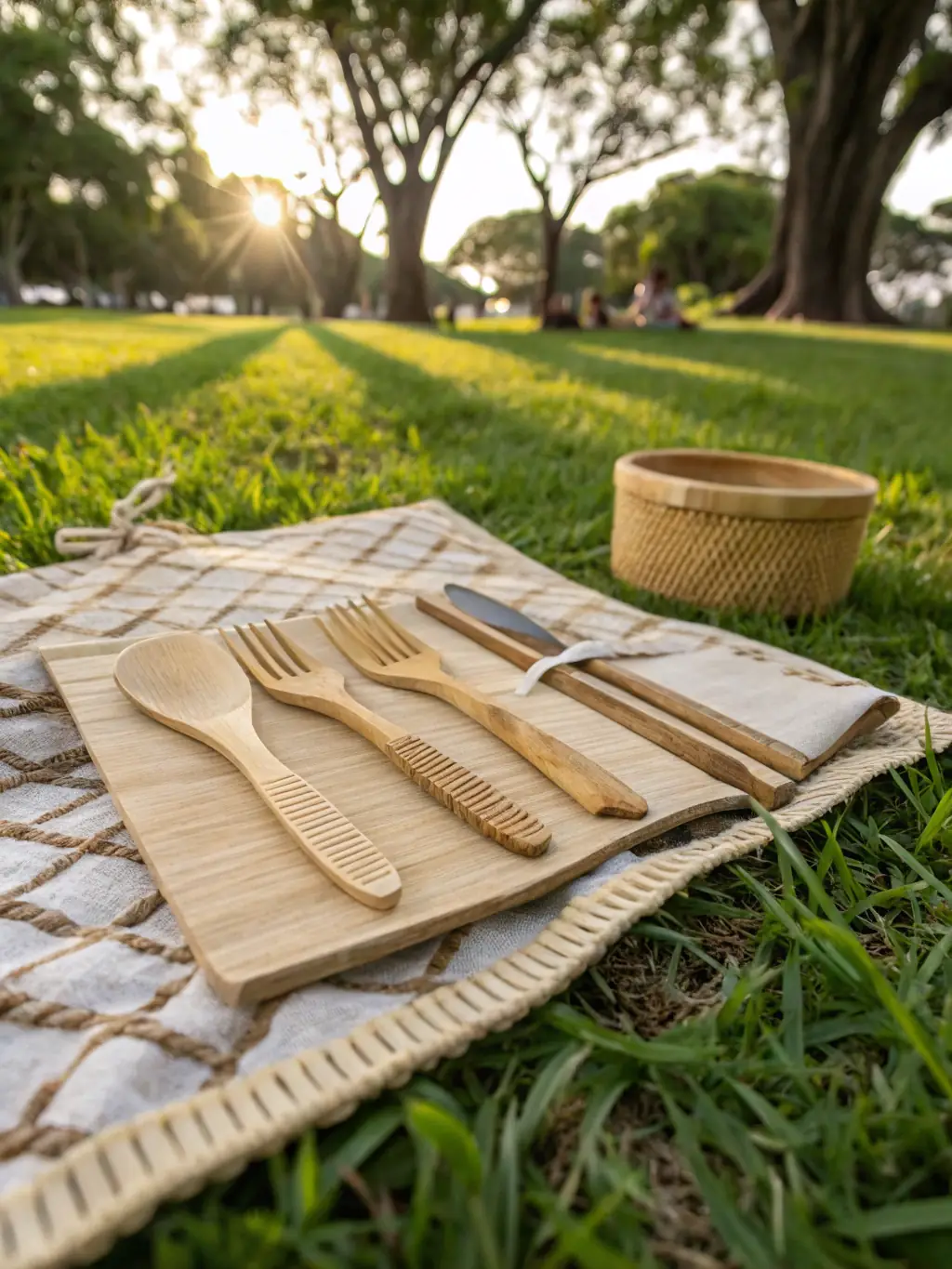 A set of Meichubang's titanium alloy tableware, including a fork, spoon, and knife, displayed against a backdrop of a scenic outdoor catering event.