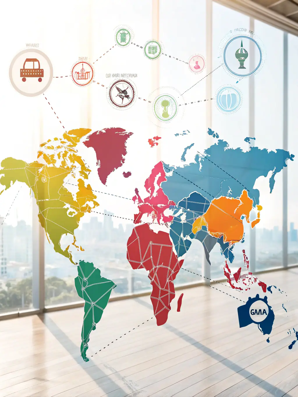 A global map highlighting Meichubang's reach, with pins indicating key international markets and partnerships, emphasizing its worldwide presence and distribution network.