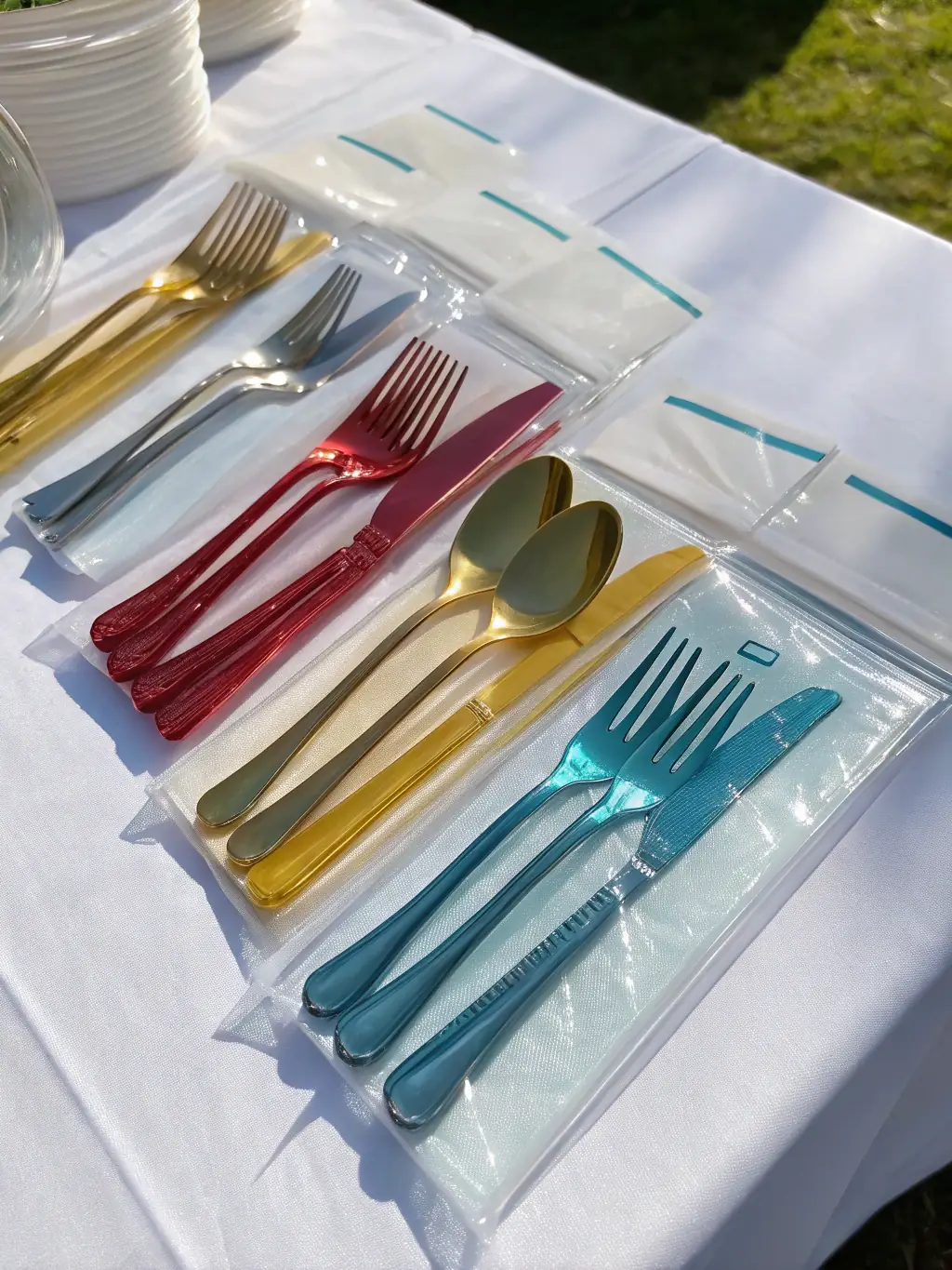 A close-up shot of Meichubang's stainless steel cutlery set, highlighting its sleek design and polished finish, placed on a neatly set table with a white tablecloth.