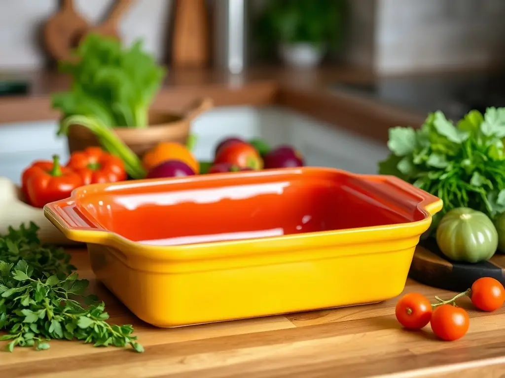 A vibrant, eye-level shot of a ceramic-coated casserole dish filled with a colorful vegetable stew. The dish is placed on a rustic wooden table, with fresh herbs and spices scattered around, highlighting the cookware's non-stick properties and aesthetic appeal.
