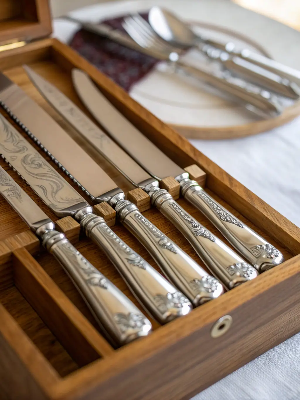 A high-angle, close-up shot of a set of Meichubang stainless steel tableware, showcasing its sleek design and polished finish, set against a modern, minimalist kitchen backdrop.