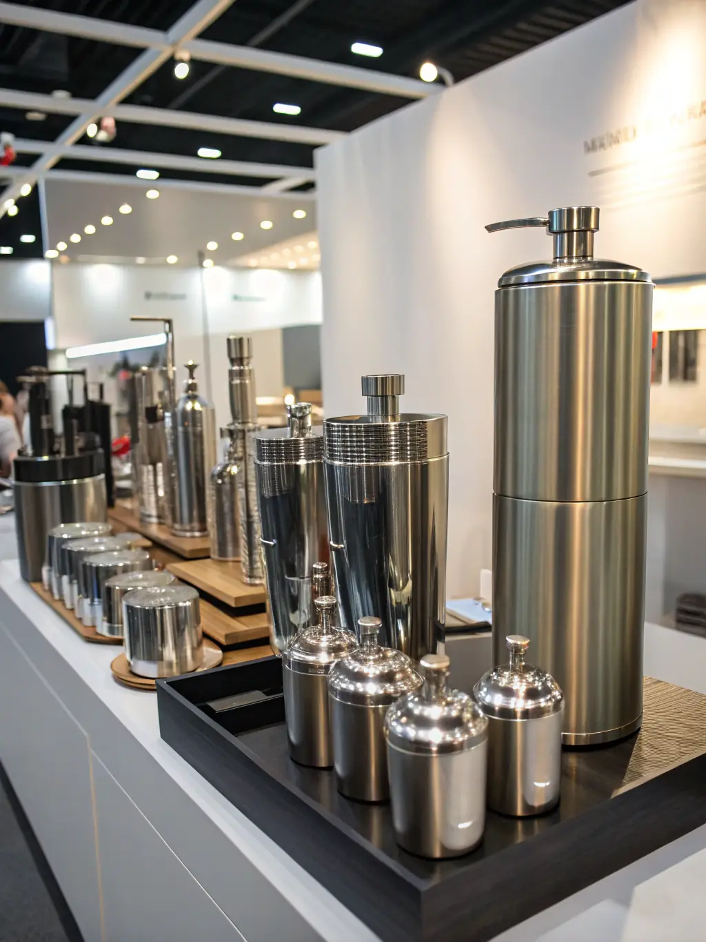A complete set of Meichubang's tableware, including stainless steel, titanium alloy, and ceramic-coated options, displayed together to showcase the range of materials and designs.